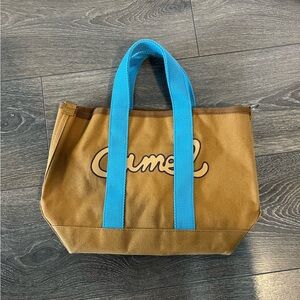 Camel Coffee - Brown Tote Bag with Blue Straps + detachable crossbody strap